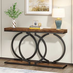 Table console en bois d'acacia naturel de luxe avec cadre circulaire en métal noir et étagère inférieure pour la décoration de la maison - Product Image 4