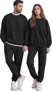 Men's <b>Black</b> Cotton Tracksuit Crew Neck Sweatshirt Full Length <b>Joggers</b> Solid Color Casual Loose Fit Autumn Wear - Product Image 2