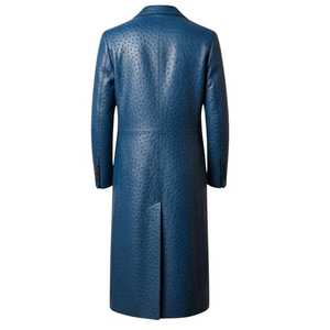 Manteau long élégant bleu en cuir de vachette gaufré effet autruche, col rabattu, artisanat de qualité supérieure, motif tendance, look décontracté, best-seller - Product Image 3