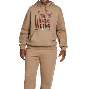 Brown Hooded Tracksuit Full Length 100% Cotton Casual Sweatshirt and <b>Pants</b> Set with Wine <b>Down</b> Print - Product Image 1
