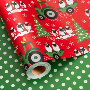 Rotolo di Carta da Regalo Reversibile a Pois Verdi con Pecore, Auto e Alberi di Natale, Tema Fattoria, per Regali di Natale e Festività - Product Image 3