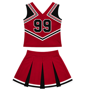 Ensemble d'uniforme de cheerleading rouge cramoisi, noir et blanc, avec crop top sans manches à col en V et jupe plissée, pour spectacle de danse et équipe de cheerleading - Product Image 1