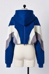 Women's Color Blocked Cropped Hoodie Full Sleeve <b>Zipper</b> Hooded Sweatshirt Casual Autumn Knitted Polyester Cotton <b>Top</b> - Product Image 3