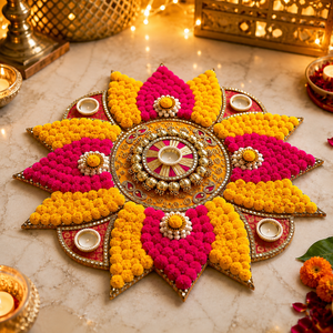 Décoration de Rangoli artisanale rose et jaune pour Diwali avec motif de fleurs pompon et porte-bougie pour la décoration de la maison pendant les fêtes - Product Image 1