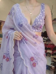 Sari de lino y algodón con estampado floral para mujer KV, blusa sin coser (morado), reversible, para fiestas de otoño y bodas - Product Image 3