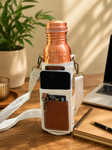 Bouteille d'eau en cuivre avec pochette en toile et poche pour téléphone, anti-fuite, avec poignée – Design de luxe pour usage quotidien et extérieur - Product Image 6