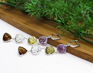 Natural Multi Gemstone <b>Earrings</b> On 925 Sterling <b>Silver</b> Spiral Faceted Amethyst Lemon Quartz Peridot Smoky Topaz Long Drop <b>Dangle</b> - Product Image 4