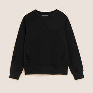 Sudadera Negra de Cuello Redondo para Mujer, Corte Regular, Tejido de Algodón/Fibra de Bambú, Transpirable, con Bordado de Cristal, para Otoño - Product Image 1