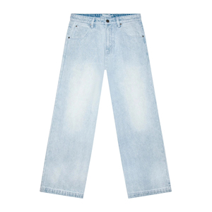 Jean délavé coupe large pour homme, taille haute, coupe ample, grande taille, décontracté, en denim de coton bleu, fermeture boutonnée, couleur unie - Product Image 6