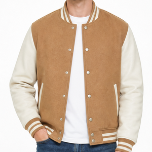 Veste varsity marron pour homme de haute qualité avec manches crème et poignets rayés, tenue décontractée - Product Image 1