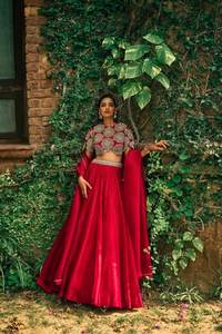Tela de seda romana pura con hermosa secuencia de colores y trabajo de bordado, lehenga choli de diseñador para el próximo compromiso y fiestas. - Product Image 4