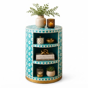 Mesa auxiliar de lujo con incrustaciones de hueso en blanco y negro, mesa auxiliar cilíndrica geométrica de resina con estante abierto de 2 niveles en oferta. - Product Image 2