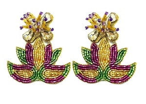 Boucles d'oreilles uniques classiques Mardi Gras en forme de bottes de cowboy perlées, faites à la main, violettes, vertes, jaunes, avec pompons, pour femmes - Product Image 2
