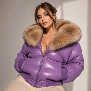 Veste matelassée en cuir véritable pour femme avec capuche en fourrure de renard, fermeture éclair à carreaux, vêtements d'extérieur chauds pour l'hiver - Manteaux de luxe S-XXL - Product Image 6