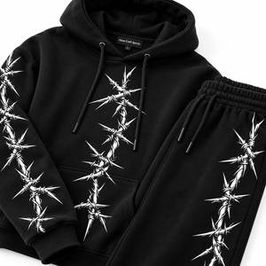 Ensemble de survêtement pour homme, imprimé fil de fer barbelé noir, coupe ample, style streetwear, 2 pièces, écologique et lourd - Product Image 5