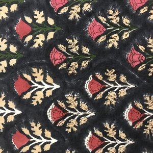 <b>Black</b> Base Hand Block Printed Cotton Fabric with Red & Beige Floral Motif Traditional Indian Textile - Product Image 2