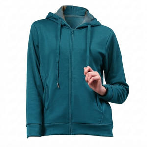 Sweat-shirt à capuche zippé pour femme, couleur unie, doublure en tissu éponge, 100% coton tricoté, respirant, coupe-vent, écologique, séchage rapide, décontracté - Product Image 1