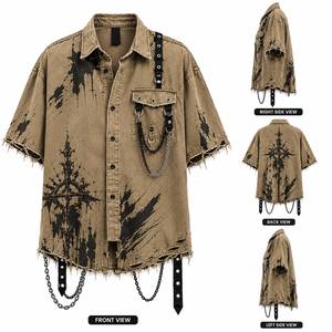 Mens Distressed <b>Gothic</b> Chain Short Sleeve Anti-Wrinkle 100% Cotton Button-Up <b>Shirt</b> Punk Streetwear Oversized Casual - Product Image 4