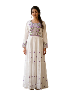 Embroidered Tiered Maxi Dress Long Sleeve A-line Casual Dress Floral Embroidery Women Party Wear - Product Image 1