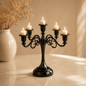 Premium 5 Arm <b>Black</b> <b>Candelabra</b> Metal Candle Holder for Home Decoration Circular Design Durable Centerpiece - Product Image 1