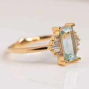 Antique Aquamarine Moissanite Engagement Ring 925 Sterling <b>Silver</b> 14K Gold Plated Elegant Art Deco Anniversary Ring - Product Image 5