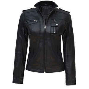 Chaqueta de cuero PU negra para mujer al por mayor, con cremallera, estilo motociclista, cuello alto, ajuste ceñido, chaqueta utilitaria de moda OEM - Product Image 1