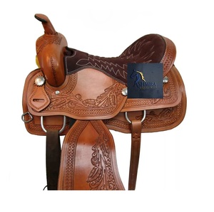 อานม้าหนังแท้ลายดอกไม้สไตล์ตะวันตก พร้อมตะกร้าหนังตกแต่งด้วยมือ สำหรับแข่งม้าบาร์เรลเรซซิ่ง  ตกแต่งด้วยโลหะคอนโชส์  ที่นั่งหนังกลับสีน้ำตาล ขนาด 10 นิ้ว ถึง 18 นิ้ว - Product Image 3