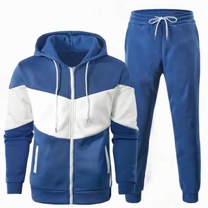 Survêtement unisexe bleu et blanc à blocs de couleur, sweat à capuche zippé à manches longues et pantalon à cordon de serrage, tenue décontractée pour l'automne - Product Image 3