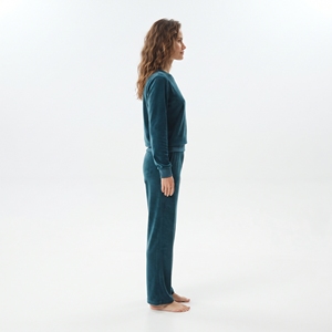<b>Women's</b> Teal <b>Velour</b> <b>Tracksuit</b> Crew Neck Full Sleeve Solid Color Hawk Eye Logo Winter Casual Wear - Product Image 4