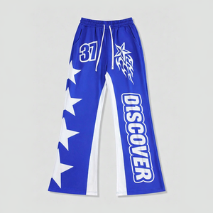 Pantalon de survêtement bleu style Hip Hop pour homme, streetwear graphique, coupe large, imprimé étoiles, joggers décontractés et tendance, pantalon de jogging évasé - Product Image 1