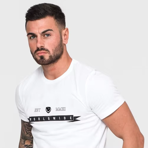 T-shirt blanc à manches courtes pour homme avec imprimé mondial, coupe ajustée, décontracté, col rond, en jersey de coton - Product Image 3