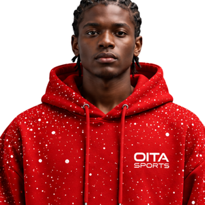 <b>Red</b> White Speckled Print Men <b>Hoodie</b> Heavyweight Pullover Sweatshirt Long Sleeve Drawstring Hood Kangaroo Pocket Streetwear - Product Image 3