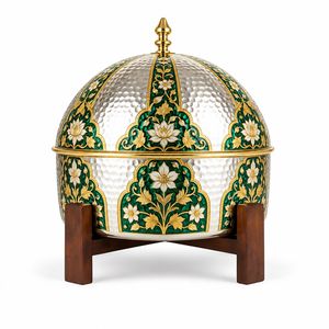 Cazuela redonda azul tradicional árabe meenakari con tapa con diseño floral dorado y soporte de madera - Product Image 3