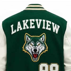 Green And <b>White</b> Varsity <b>Jacket</b> Men's Regular Fit Turn-down Collar Single Breasted Embroidered Logo Front Autumn Wear - Product Image 4