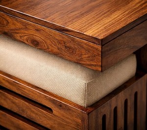 Slatted Top Solid Wood Coffee Table with 4 <b>Cushioned</b> Stools | Space Saving Nested Center Table | Jodhpur Export - Product Image 3