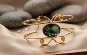 Vintage Gold Plated Brass Classic Cuff <b>Bracelet</b> with Oval Green <b>Topaz</b> Stone for Women Jewelry Gift Made in India - Product Image 3