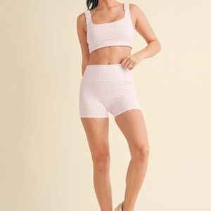 Yellow Plaid 2-Piece <b>Set</b> <b>Square</b> Neck Crop Top High Elastic Waist Shorts Spaghetti Strap Breathable Spandex/Polyester Yoga Wear - Product Image 2
