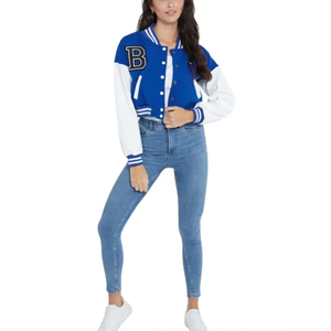 Hot Sale <b>Women</b> Varsity <b>Jacket</b> Deep Royal Sapphire <b>White</b> Initial Badges Snaps Ribbed Neck Crop <b>Jackets</b> - Product Image 3