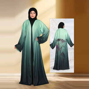 Abaya de Lino con Frente Abierto y Panel Trasero con Estampado Digital Artístico, Diseño de Tela Degradada, Elegante y Modesto, Largo hasta el Suelo, para Mujer - Product Image 4