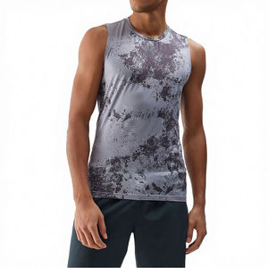 Débardeur sans manches pour homme, impression par sublimation, col rond, séchage rapide, coupe sportive, gris, motif noir, tricoté en polyester - Product Image 1