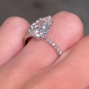 Bague de fiançailles pour femme avec halo caché, 3 carats, taille poire, or blanc 14K, sertie pavé, ornementée de pierres de laboratoire, cadeau d'anniversaire - Product Image 4