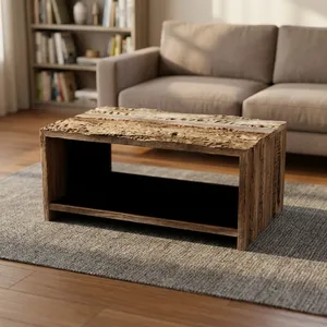 Table basse en bois rustique avec étagère ouverte, en bois recyclé fait main, finition naturelle vintage, table centrale rectangulaire pour salon - Product Image 3