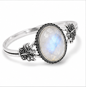 925 Silver Rainbow Moonstone Bangle, Oval Moonstone <b>Bracelet</b>, Blue Flash Gemstone Jewelry, Sterling Silver Gift for Women - Product Image 1
