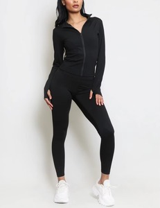 Wholesale Women's Solid Rhinestone Zip-Up <b>Long</b> <b>Sleeve</b> Gym Set with Sporty Jacket and Yoga Leggings for Workout - Product Image 4