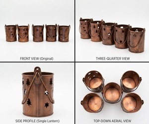 Portavelas cilíndrico de metal con acabado antiguo en cobre, con recortes de árbol y estrella, para decoración navideña del hogar. - Product Image 6