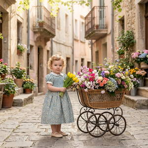 Usine OEM/ODM au Vietnam, vente en gros, prix personnalisé, robe pour bébé fille, bleu floral, faite à la main, smockée, manches courtes, coupe trapèze, 100% coton - Product Image 1