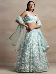 Luxury Mint <b>Green</b> Floral Lehenga Choli Women | Indian Wedding Bridal Party Wear Bollywood Style Floor-Length Soft <b>Net</b> Quick Dry - Product Image 3