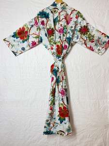 Bata Kimono de Algodón Estampada a Mano: Chaqueta Ligera Azul Estilo Boho para Invierno con Cinturón, Venta al por Mayor - Product Image 2