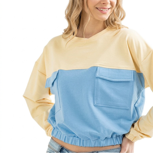 Women Color Blocked Oversized Crew Neck Sweatshirt With Pockets Long Sleeve Knitted Cotton Autumn Wear For Women - Product Image 1