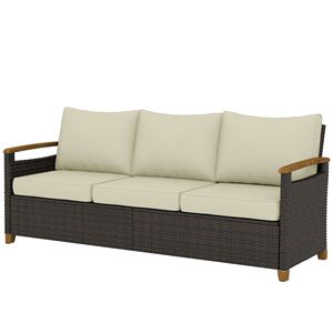 Divano da Esterno a 3 Posti in Vimini PE Beige con Seduta Ampia e Profonda, Cuscini da 4 Pollici, Braccioli e Gambe Effetto Legno per Giardino - Product Image 1